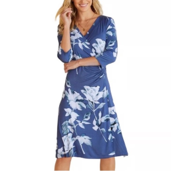 NWT Soft Surroundings Hyannis Faux Wrap Midi Dress Blue Floral 3/4 Sleeve XS - Picture 3 of 9